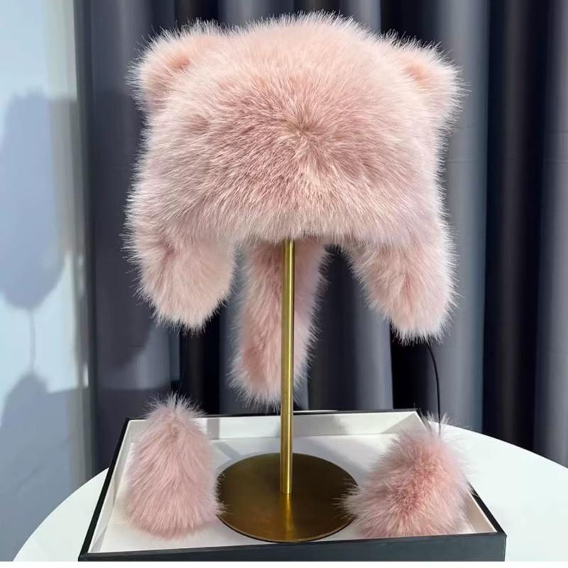 Women Winter Warm Kawaiyi Fox Fur Imitation Mink Plush Hat Thickened Cute Bear Ear plush Lei Feng hat Ear Protection Cosplay Cap
