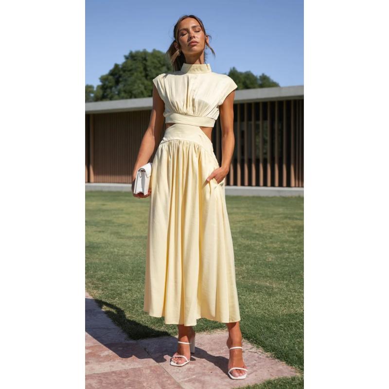 Vestido elegante para mujer, moda informal de verano, Color sólido, sin mangas, vestido sin espalda, vestido largo plisado calado Sexy para mujer