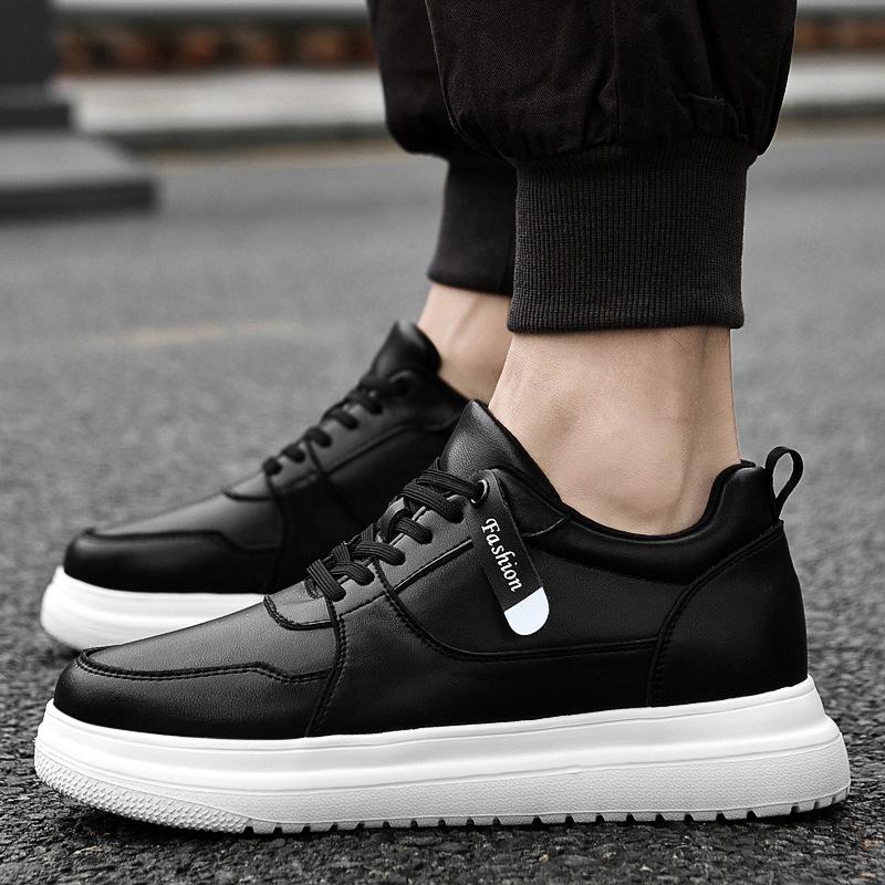 855 Men's Height-Increasing Platform Sneakers, Low-Top Cowhide Surface, Thick Sole, White, Spring Casual and Trendy.