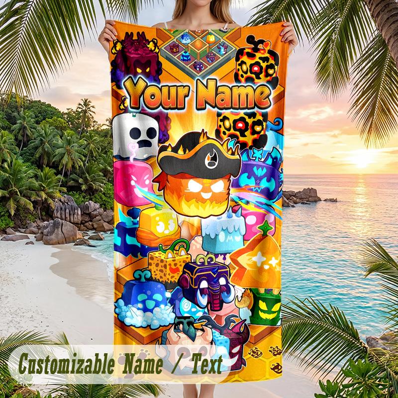 Blox Fruits Beach Towel, Personalized Custom Text, Quick Dry Soft Large Towel For Swimming Pool Travel