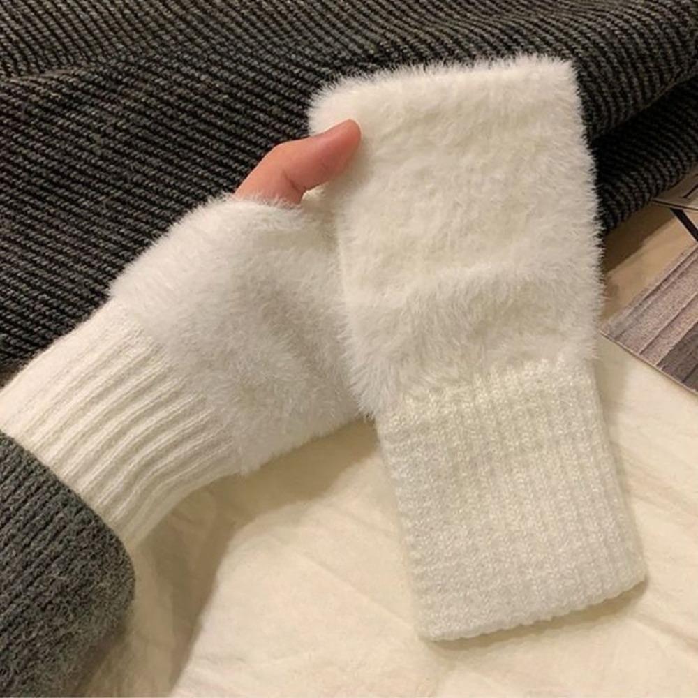 Soft Winter Half Finger Gloves Women Warm Luxury Solid White Plush Knitted Fingerless Gloves Wrist Mittens