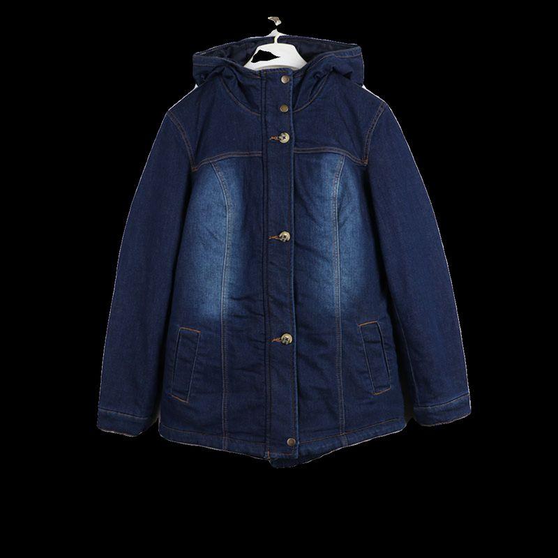 Home Autumn and Winter Foreign Trade European and American Plus Size Plus Size Women Clothes Hooded Fleece-lined Thickened Denim Coat Mid-Length
