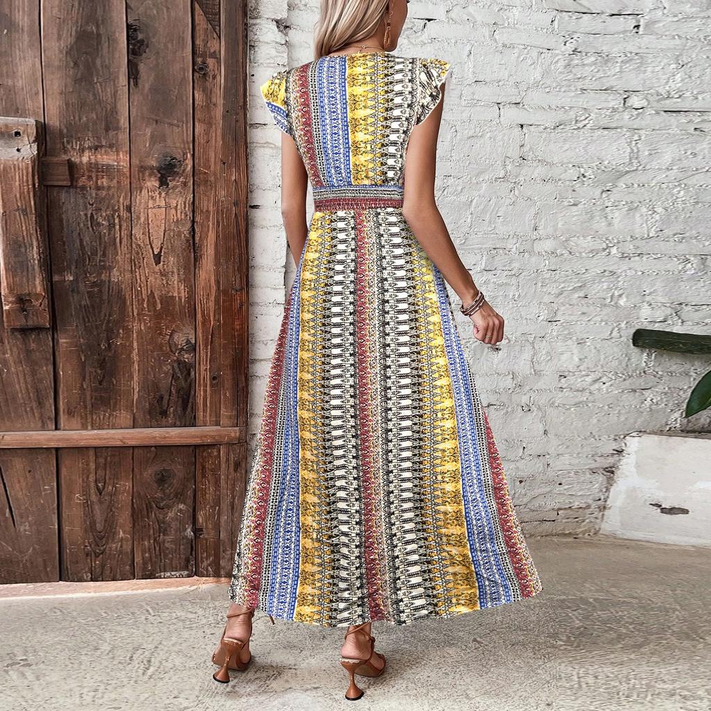 Women's Fashionable Print Round Neck Loose Short Sleeved Pocket Pullover Dress
