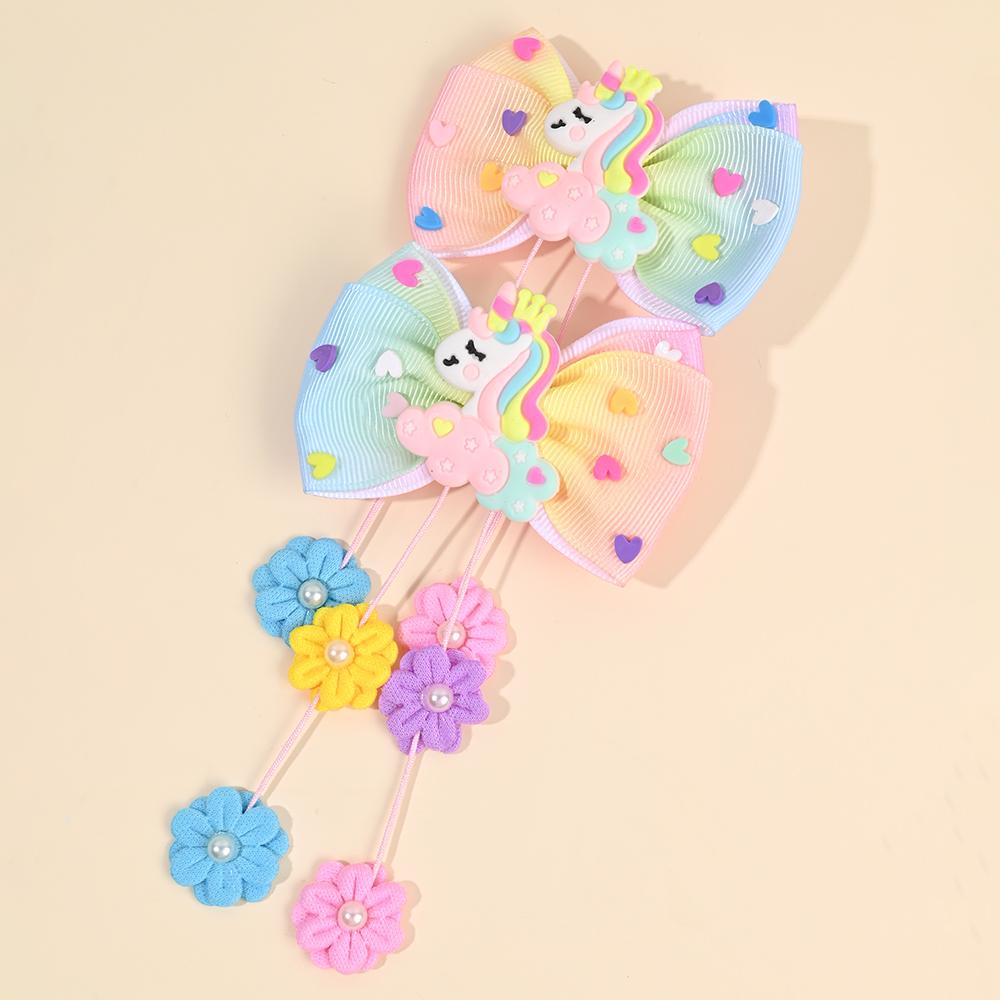 2Pcs Cartoon Unicorn Hair Clips For Girls Children Rainbow Color Bow Hairpins Heart Silicone Accessories Flower Pendant Headwear