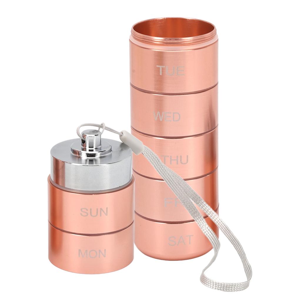 Metal Weekly Travel Medicine Organizer Portable Waterproof 7 Days Aluminum Alloy Tablets Box with Lanyard Rose Gold