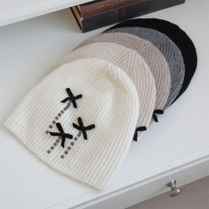 Women s Ribbon Beanie Studded Alpaca Fall/Winter gray