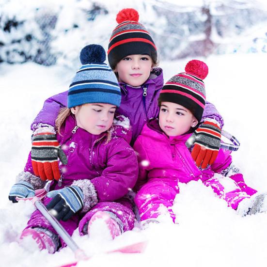 Winter Kids Hat And Gloves Set for Boys Girls Toddler Knitted Pompom Hat And Gloves Set Thick Warm Fleece Lined Accessories for Cold Weather