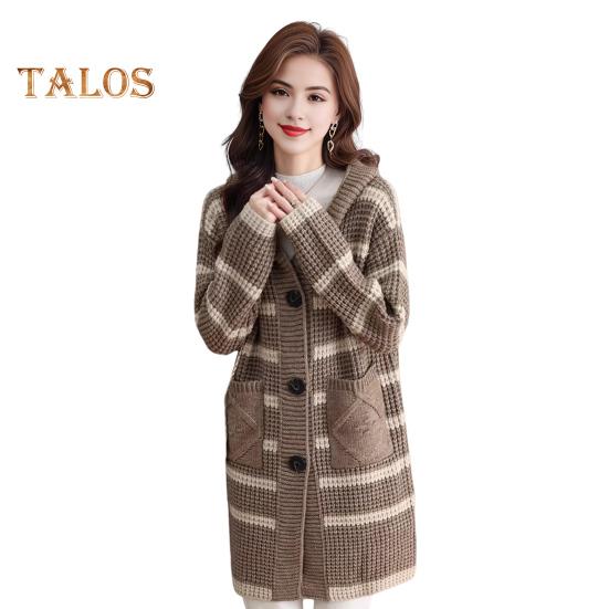 

Женское вязаное пальто с капюшоном, длинными рукавами, полосатым принтом, свитером, пальто с карманами, свободного кроя, осень-зима, повседневная вязаная верхняя одежда хаки