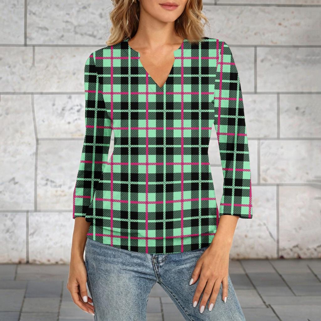 Women's 3/4 Sleeve Top Neck Hem V,Neck Summer Casual ,Shirt Plaid Printed Top