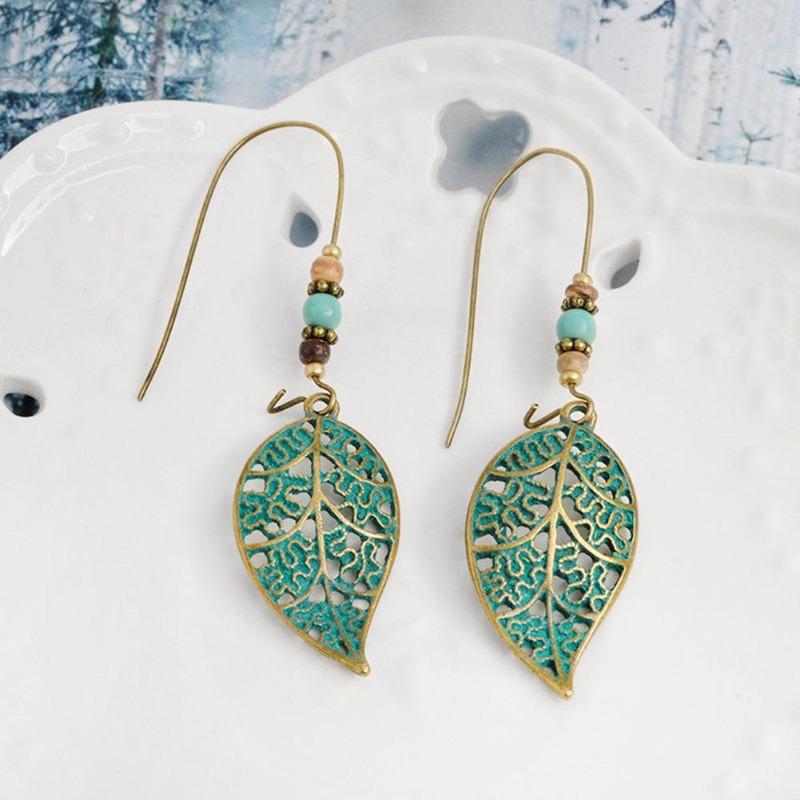 Fashion Women Hollow Leaves Dangle Hook Beads Earring Bohemia Charm Jewelry