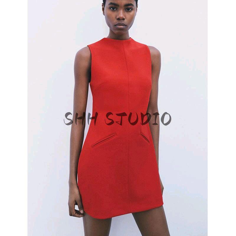 Spring New Women clothes French style Black Dress Pleat Stand Collar Soft Straight Mini Dress 1058151