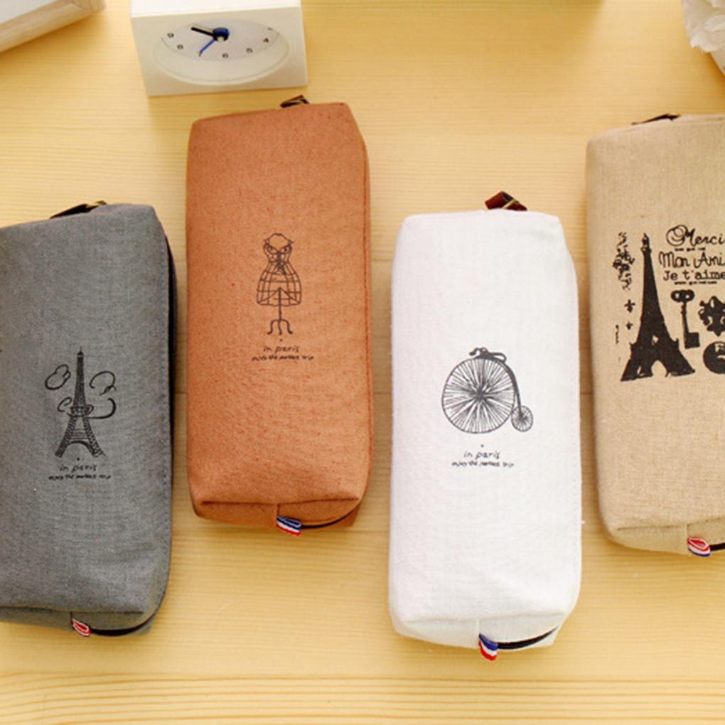Grid Organizer Burlap Pencil Case Cosmetic Pouch Stationery Storage Makeup Bag