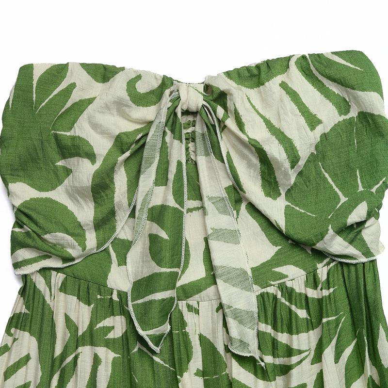 2026 Summer Strapless Green Leaf Print High-Waist Wide-Leg Jumpsuit - Fresh Vacation Style