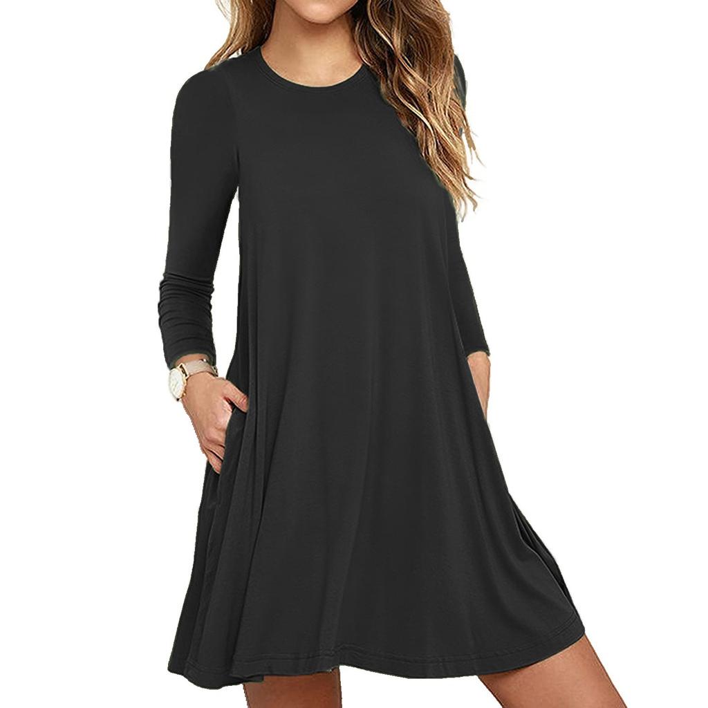 Women's Round Neck Long Sleeve A-Line Dress High Waist Casual Swing Dress with Pockets