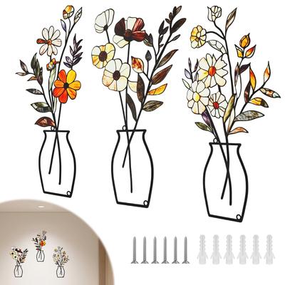 3 Stück Metallvase Blumen Wandkunst - Rustikales Bauernhaus Dekor Minimalistische Blumen Wandanhänger für Wohnzimmer Schlafzimmer Einweihung
