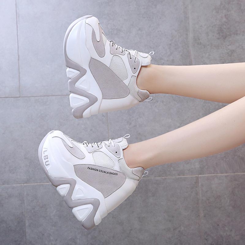 Mode Neu 2024 Mode Herbst Plateau Freizeitschuhe Schlanke Dicke Sohle Sneakers Atmungsaktiv Frau Flache Absätze Mesh Schuhe 13cm Weiße Schuhe