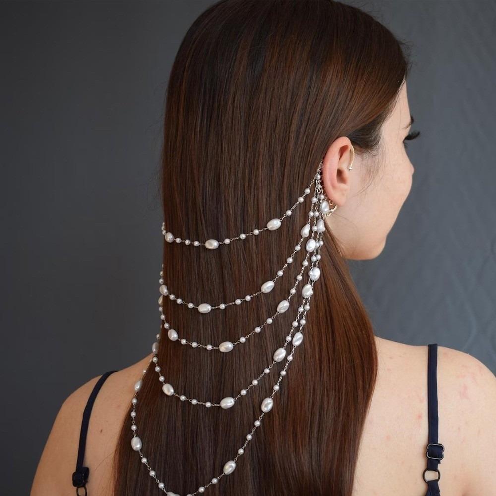 Elegant Imitation Pearl Chains Ear Cuffs Jewelry Ear Bone Clips  Bridal Accessories