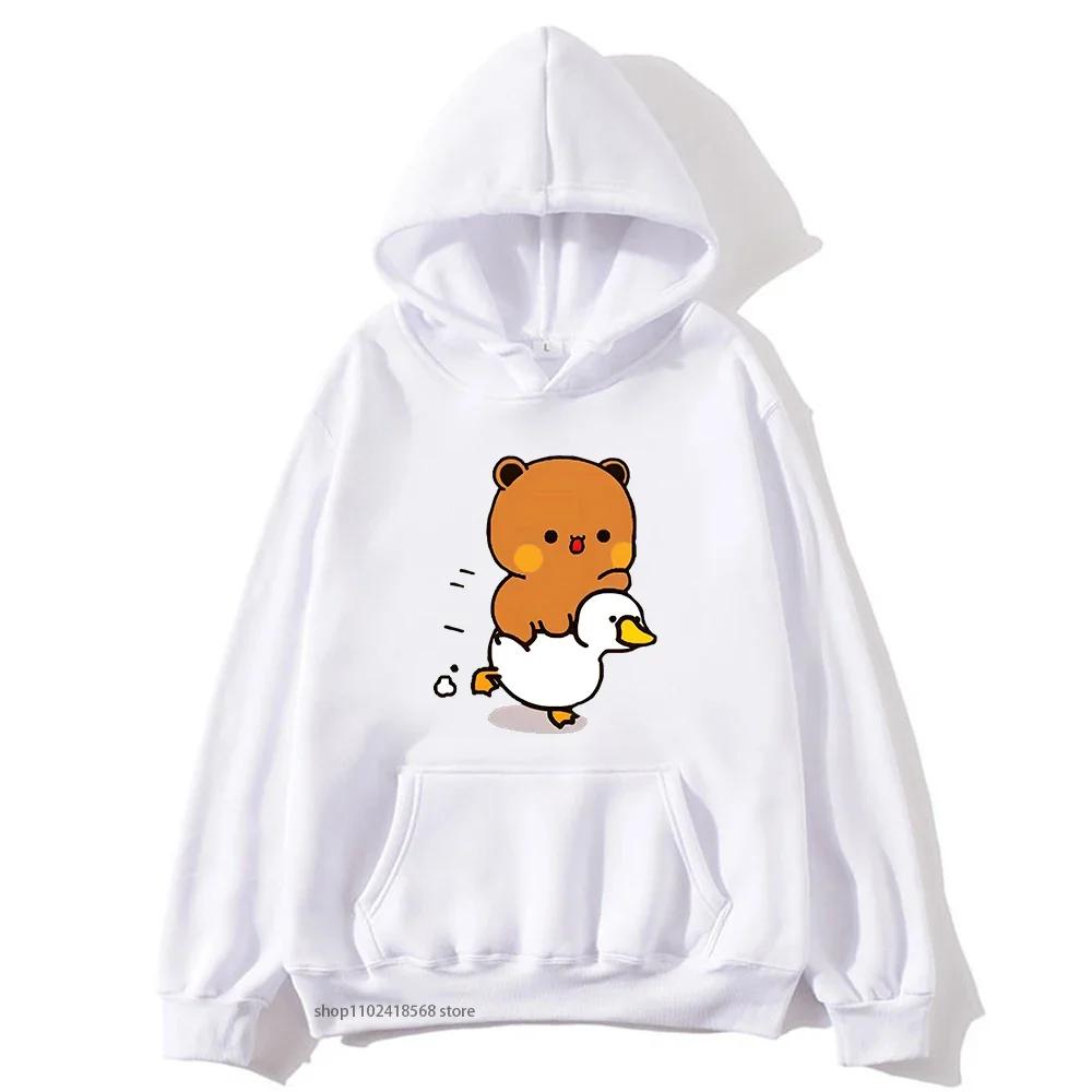 

Cute Bubu and Duud Is Riding A White Duck Hoodie Panda and Brownie Bear Clothes Sweatshirts Hooded for Men Women Sudadera S