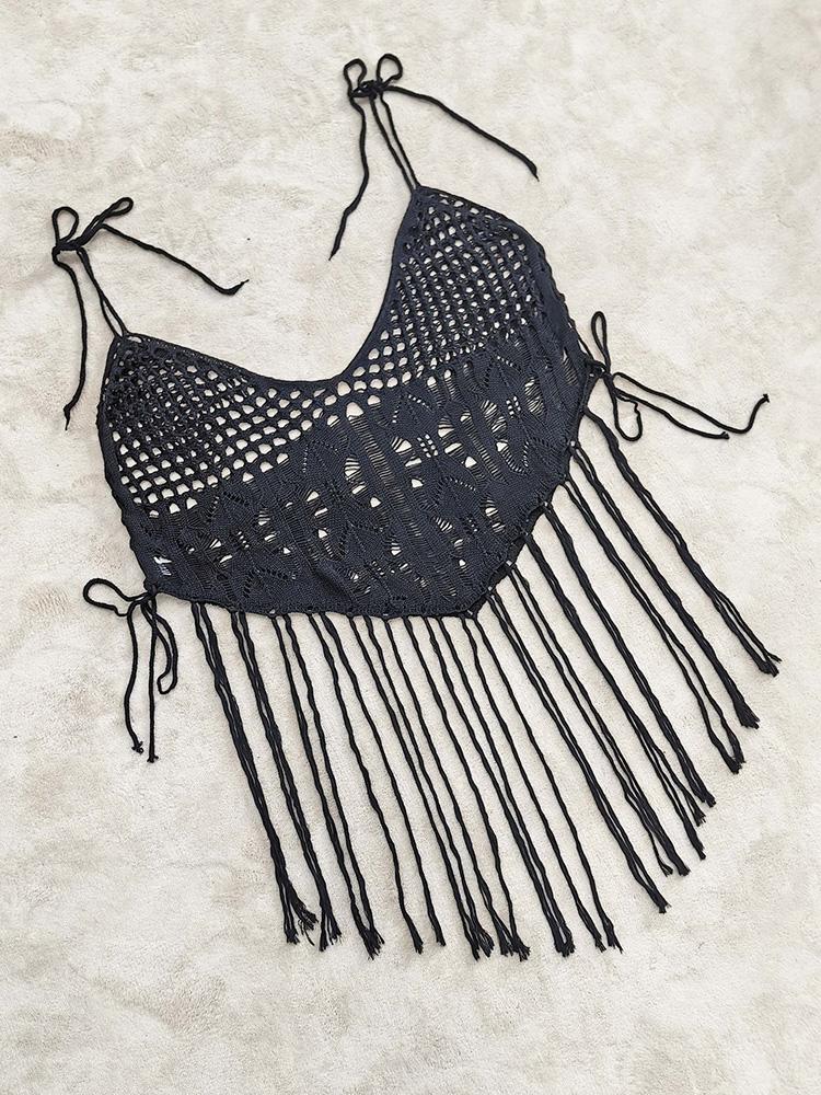 Summer Casual Hollow Out V Neck Bikini Blouse Women Design Sexy Loose Sleeveless Lace Up Sling Top Female Vintage Patchwork Tassels Off Shoulder Tops
