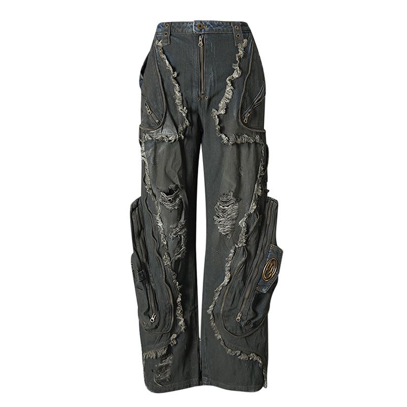 

Heavyweight Retro Distressed Ripped Cargo Jeans with Large Pockets for Autumn Small