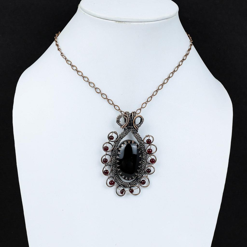 Schwarzer Onyx-Edelstein, reiner Kupferdraht, umwickelt, handgefertigter Anhänger-Schmuck