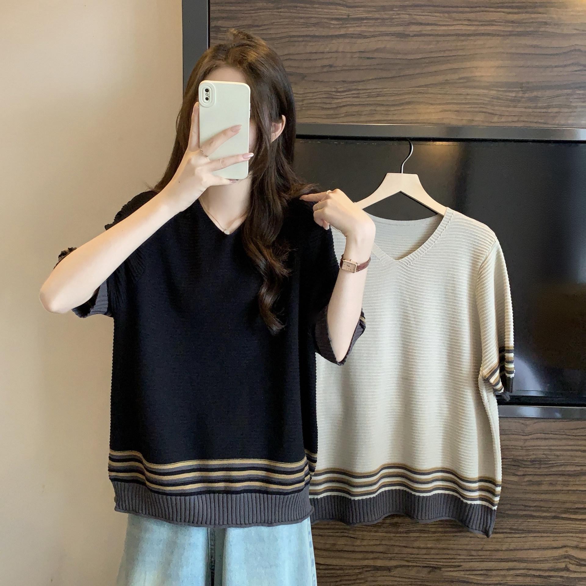 Women s Plus Size Striped V-Neck Ice Silk Short-Sleeve T-Shirt - Loose, Belly-Covering Summer Top XXXL чёрный