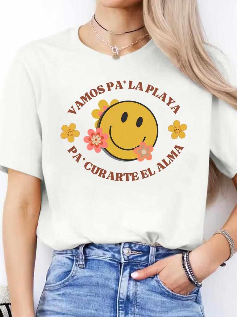 Women's Spanish Alphabet - Print T-Shirt - Spanish Language Learning, Casual Short Sleeve Round Neck Blouse for Spanish Class & Casual Attire
