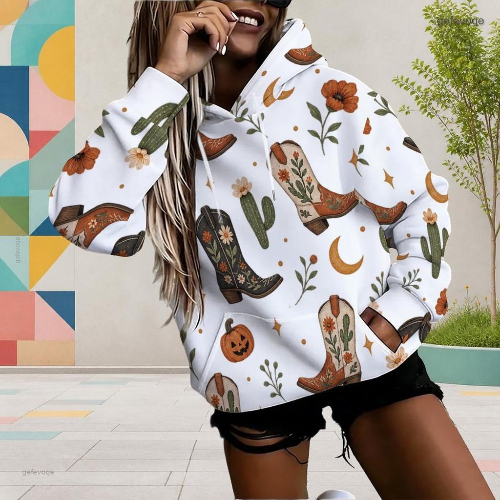 Women Plus Size Cute Cow Cactus Printed White Long Sleeve Drawstring Hoodie Kangaroo Pocket Pullover