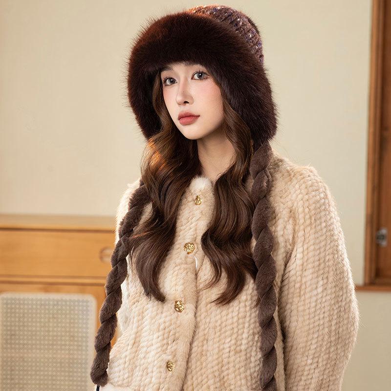 Rainbow Knitted Warm Hat Ladies Winter Plush Thick Plush Ear Protector Pullover Hat Ski Princess Hat Tide