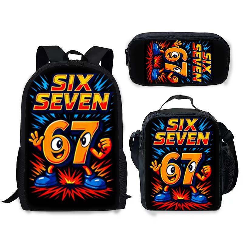 Fashion Trend New Stem 67 Six Seven Printed Schoolbag Meal Bag Pencil Bag Three-Piece Set, Cool Student Schoolbag