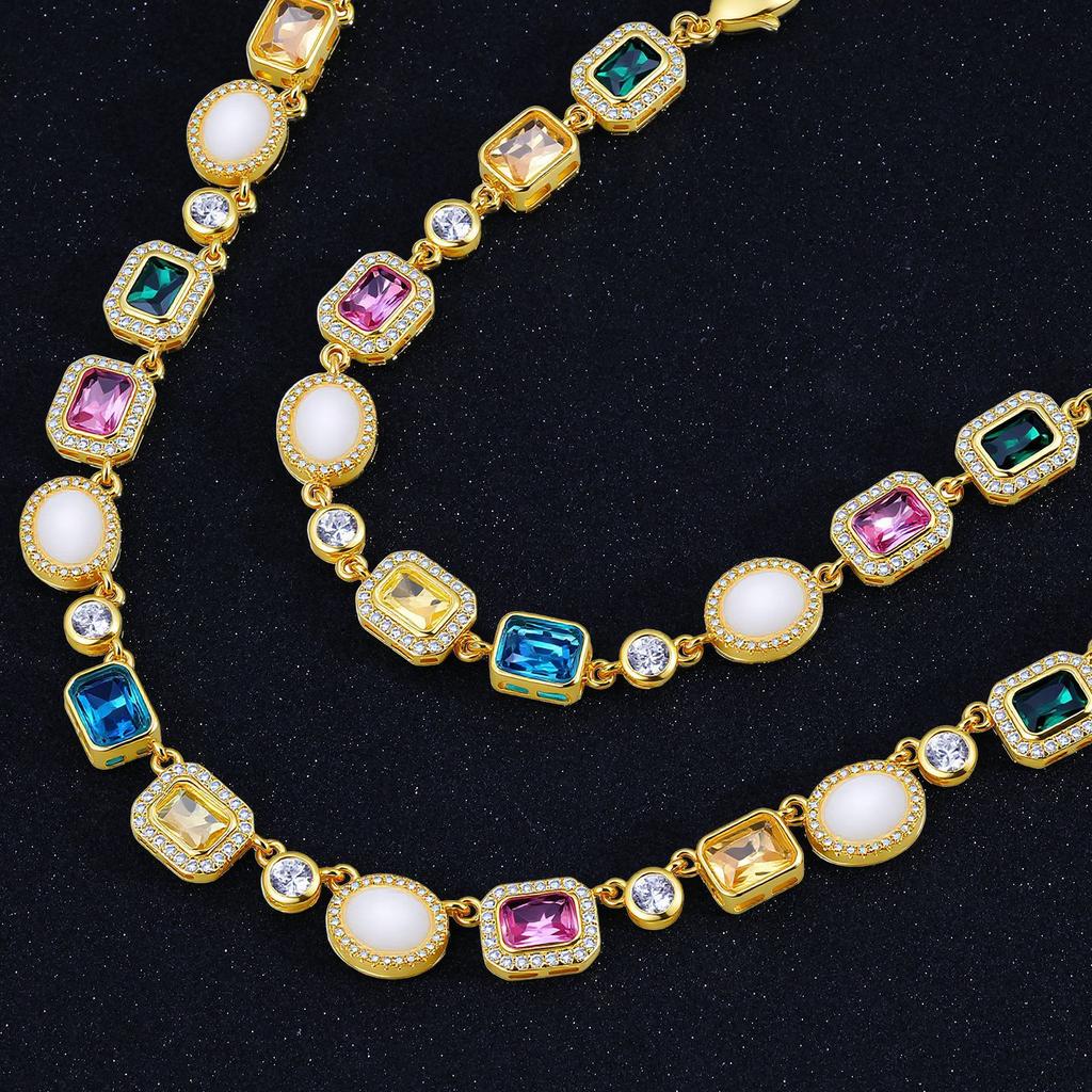 Hip Hop Colored Gemstones Women'S Necklace Jewelry Personality Trend Zircon Men'S Bracelet