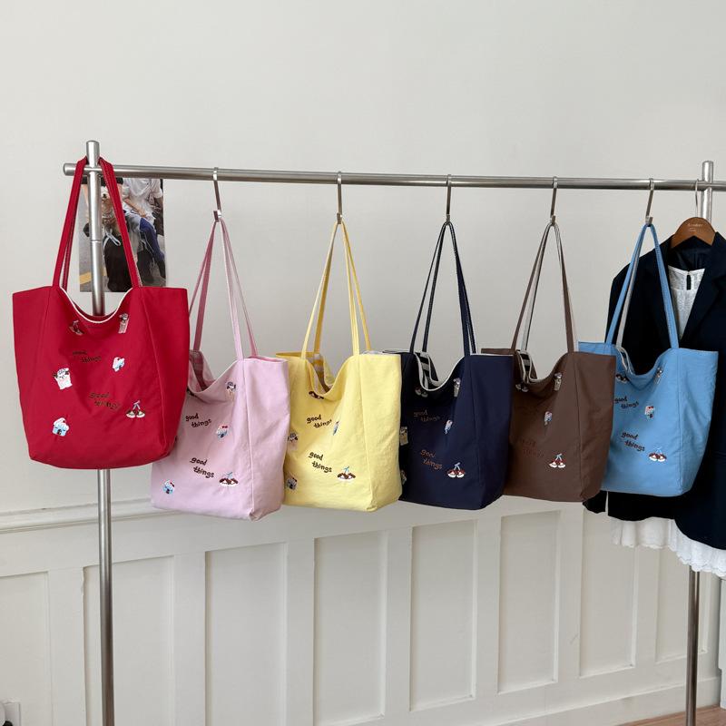 Cute Cherry Puppy Embroidered Tote Bag Large Capacity Casual Shoulder Handbag for Women KTB