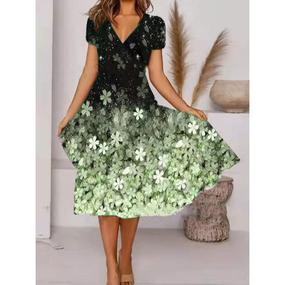 JPNTKY Women's Fashion Summer Spring Floral Print Short Sleeve V-Neck Casual Dresses