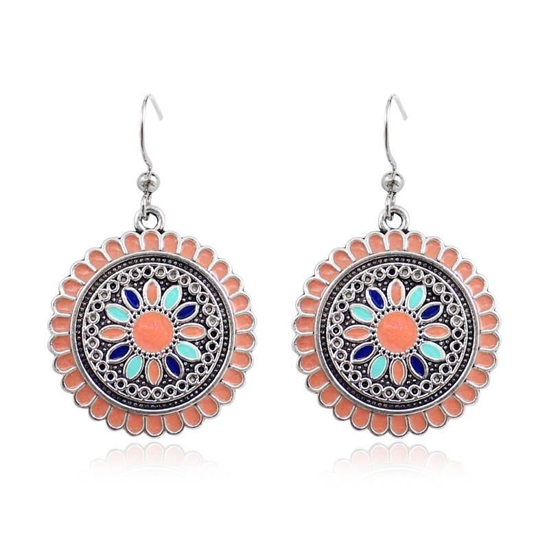 Bohemian Retro Floral Enamel Carved Alloy Round Pendant Earrings