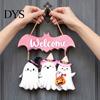 Indoor Outdoor Holiday Ornaments Pink Bat Shape Wooden Halloween Welcome Door Hanger, Cute Ghost Witch Hat Decorative Hanger for Home Wood Sign