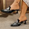 Velvet Embroidery Flower Mules Woman Elegant Shoes Pointed Closed Toe Slippers Slip On Slides Female High Heels Sandals