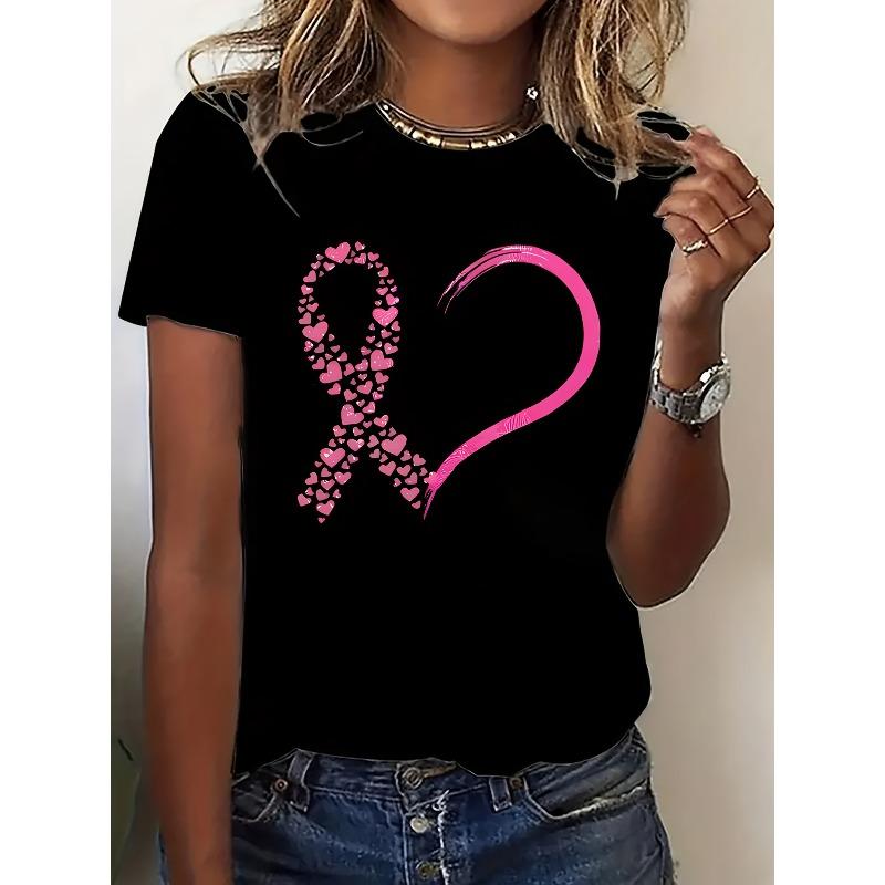 

European Size Women s Sweetheart Heart Print Short Sleeve T-Shirt - Soft Round Neck Blouse, Casual & Date-night Top 4XL чорний
