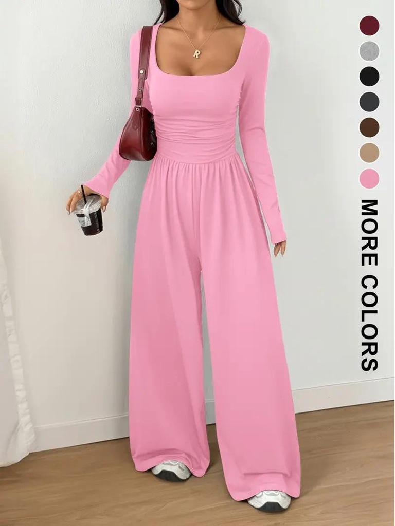 New Style Long Sleeve Women's Casual Wide Leg Solid Color Slimming Jumpsuit