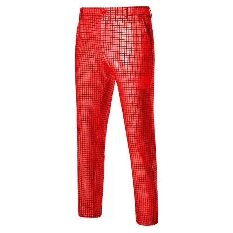 Men's Red Metallic Grid Dress Pants Shiny Straight Leg Trousers for Party & Stage