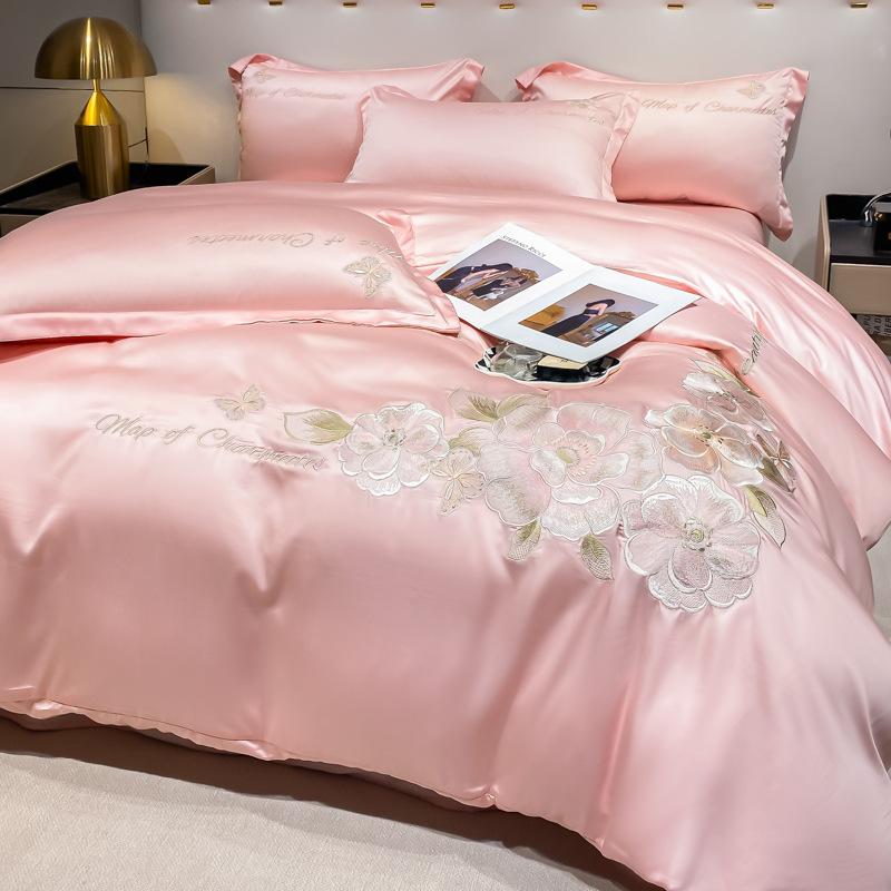 Set de pat din mătase de gheață, set din patru piese, broderie, prietenos cu pielea, respirabil, confortabil, cearceaf de pat, husă de pilotă, față de pernă