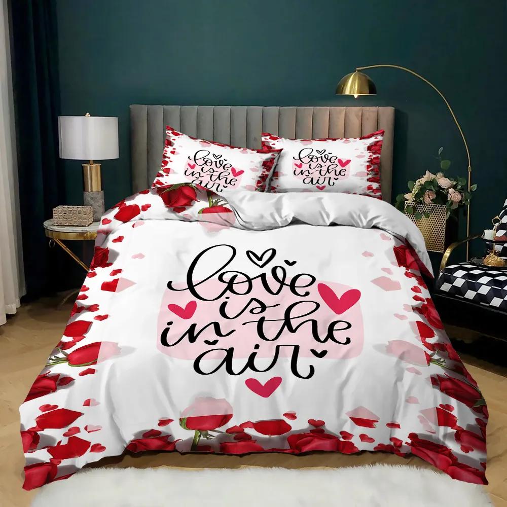 Love Heart Duvet Cover Red Purple Rose Flower Bedding Set Duvet Cover Comforter Valentine's Day Present Couple Lover Bedroom