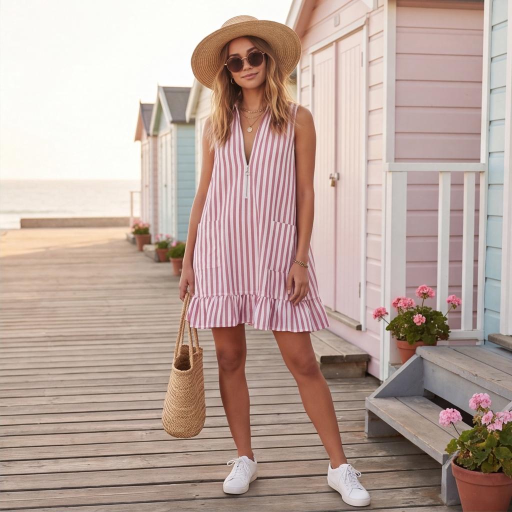 Women Sleeveless V Neck Striped Dress with Ruffle Hem Loose Fit Vintage Style Casual Wear for Daily and Vacation Outfits