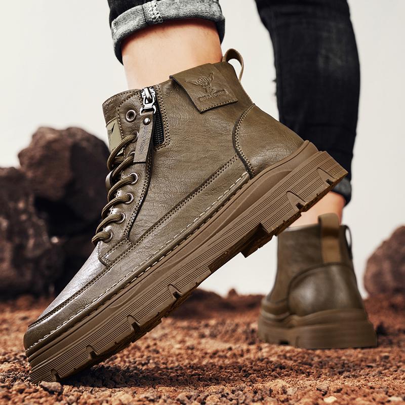 New Men's Mid-High Top Boots Round-toe Cycling Shoes Casual Work Fashi Outdoor N-slip Trendy Versatile Business Leather Shoe