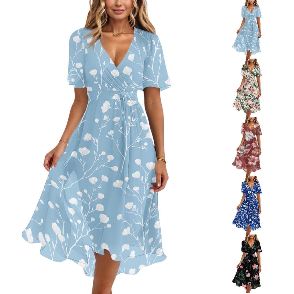 Women's Casual V Neck Short Sleeve Floral Print Dress Lightweight Midi Length Summer Dress with Wrap Style and Flared Hem