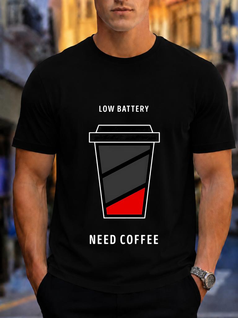2026 New Arrival Pure Cotton Tshirt Low Battery Need Coffee Funny Coffee Cup Print Crew Neck Unisex Casual Short Sleeve