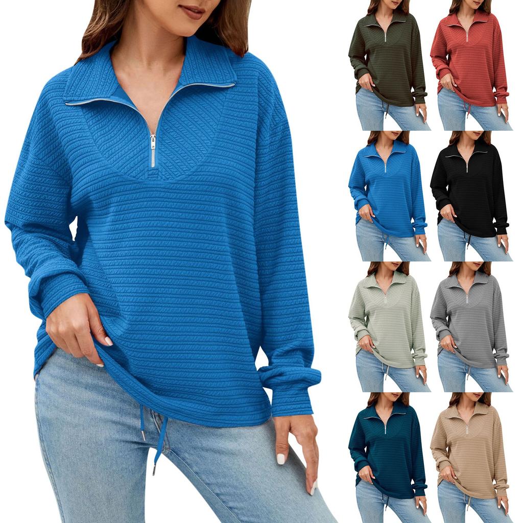 Women's Fashion Lapel Zipper Drawstring Loose Pullover Long Sleeve Casual Sweatshirt