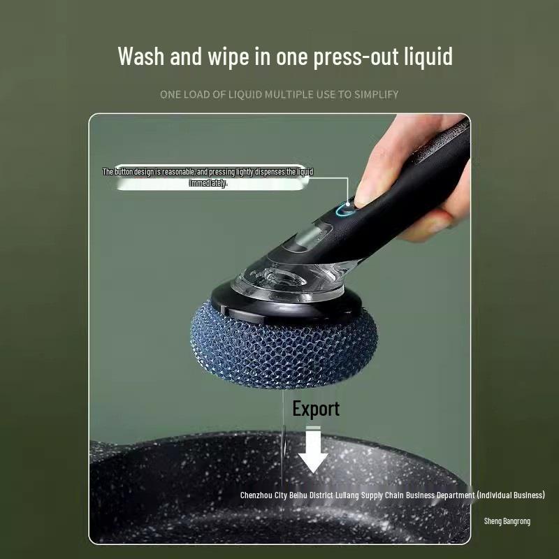 Long Handle Dishwashing Brush with Automatic Liquid Dispensing, Sponge, and Steel Wire for Pot Cleaning