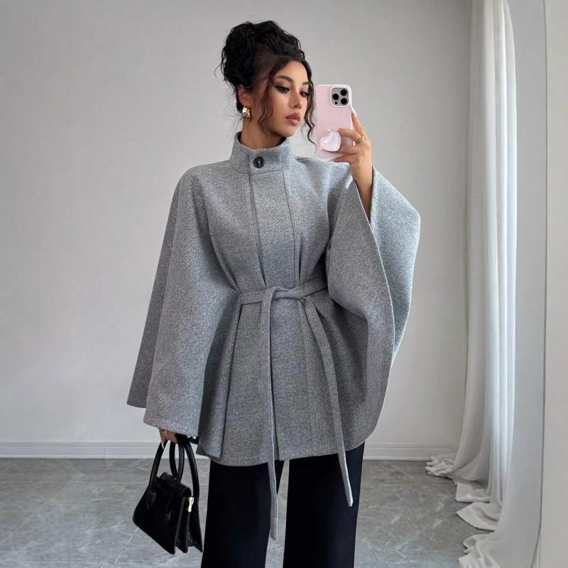 Manteau Cape Élégant pour Femme en Laine Mélangée à Col Montant Ceinture à Nouer Garniture en Fourrure de Lapin Vêtement d'Hiver