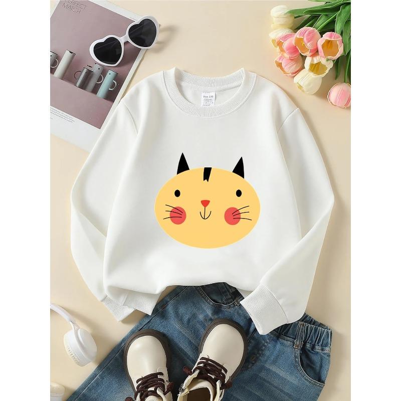 European sizes Kids  Crewneck Sweatshirt | Cute Cat Face Pattern, , Sportswear and Casual Wear, Soft and Comfortable, Clothing, Teenagers 110 белый