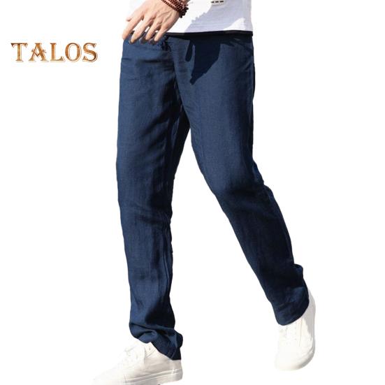 Men's Linen Casual Pants Solid Color Straight Leg Trousers Drawstring Waist Thin Summer Pants for Streetwear Travel Vacation